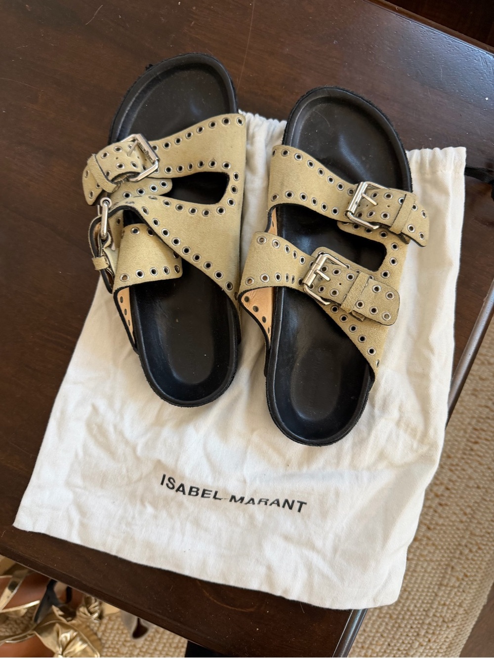 Isabel Marant Beige Suede Double-Buckle Stud Slide Sandals